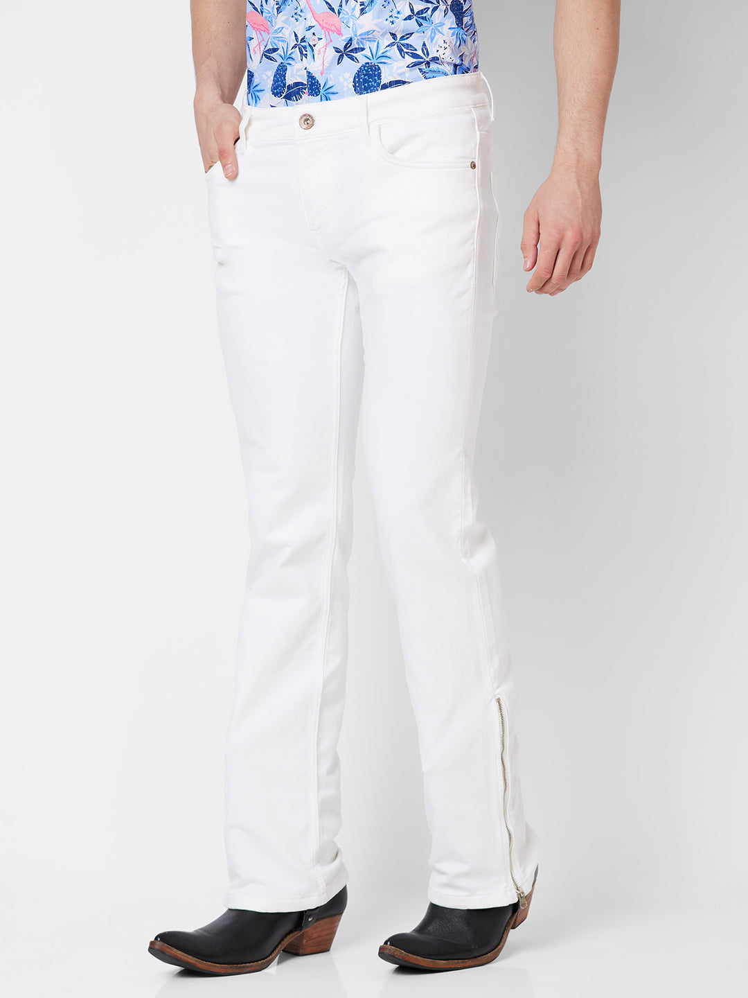 White Boot-cut Jeans With Zipper Bottom For Mens