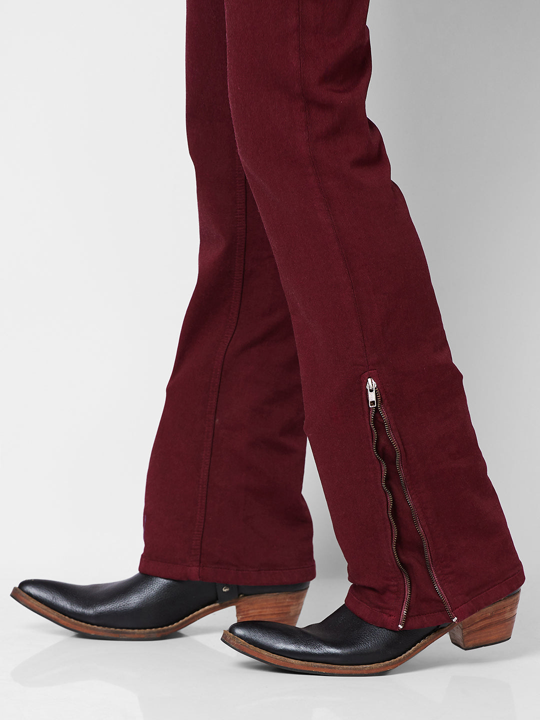 Maroon Boot-cut Jeans With Zipper Bottom For Mens