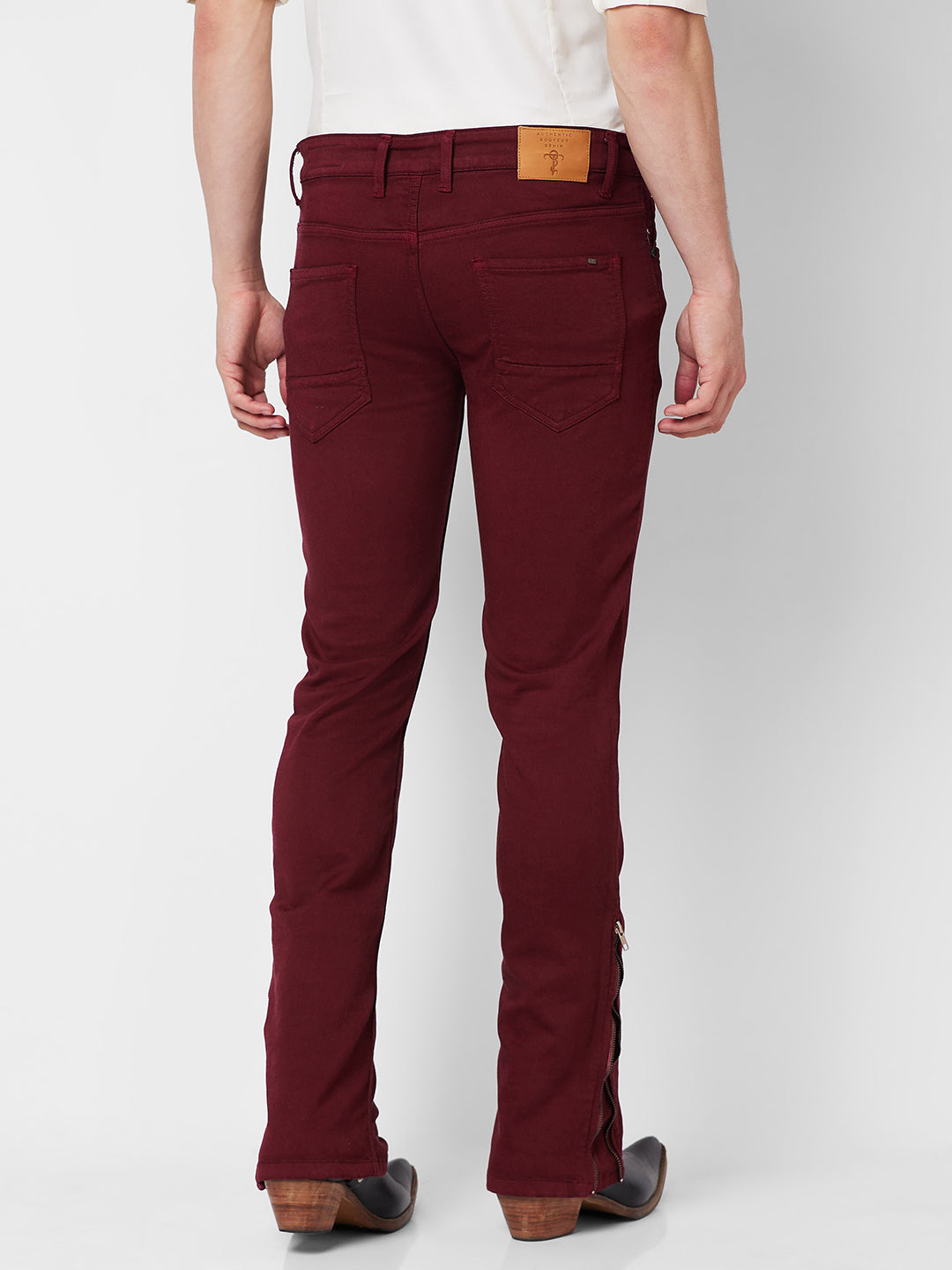 Maroon Boot-cut Jeans With Zipper Bottom For Mens
