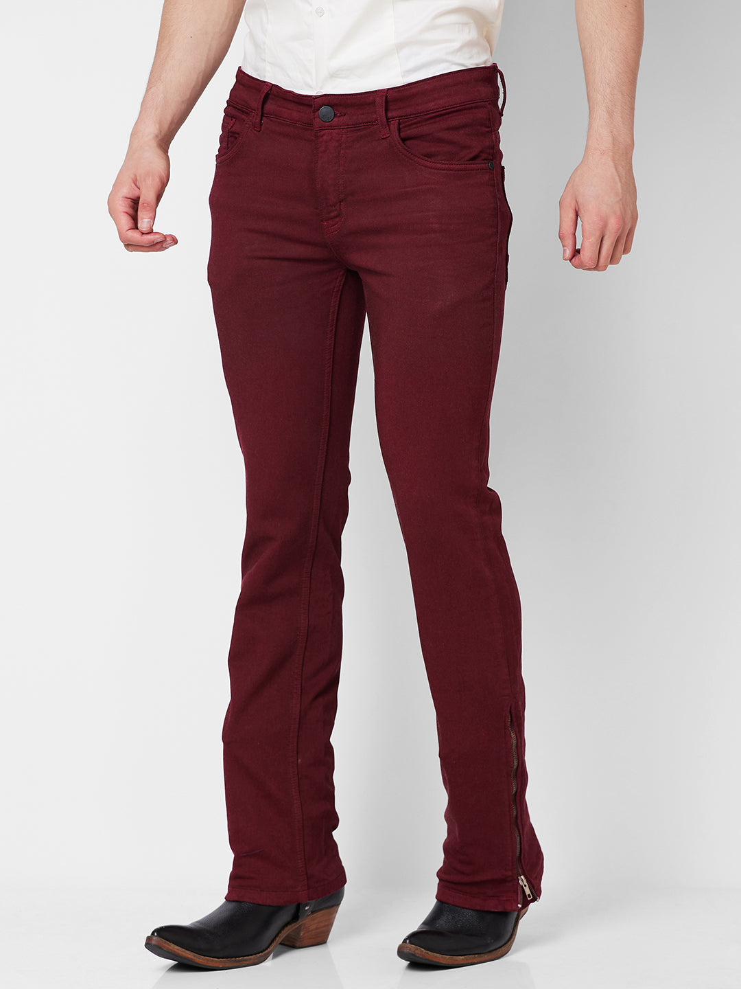 Maroon Boot-cut Jeans With Zipper Bottom For Mens