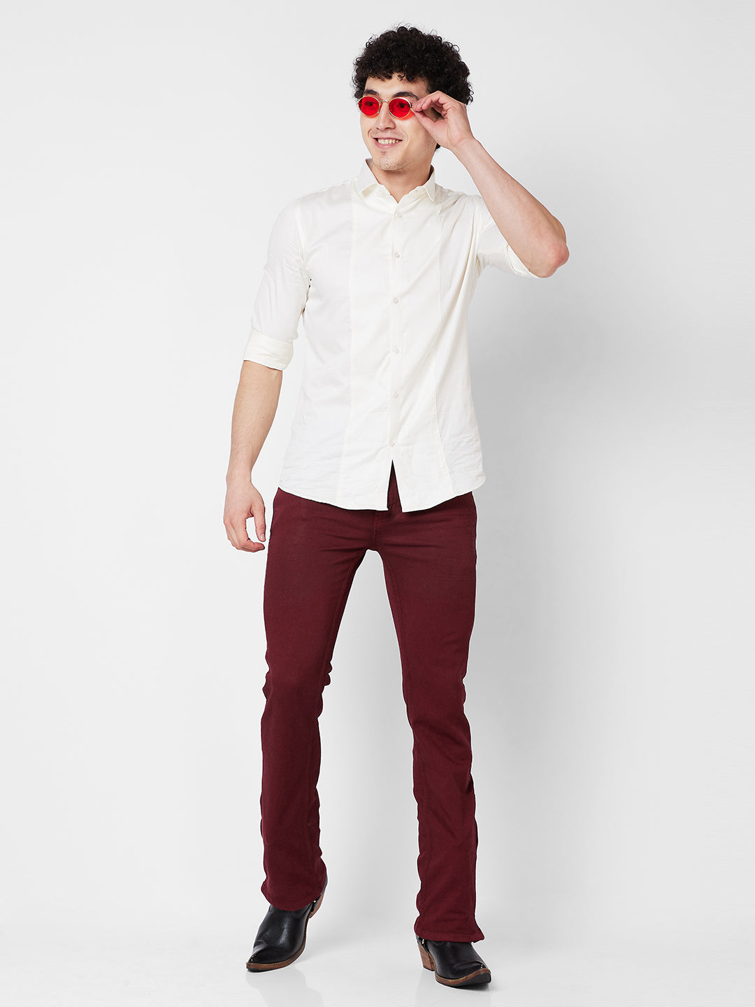 Maroon Boot-cut Jeans With Zipper Bottom For Mens