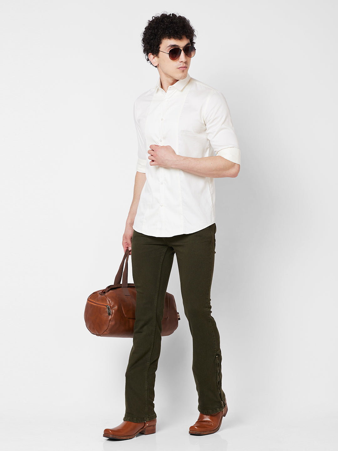 Olive Green Boot-cut Jeans With Zipper Bottom For Mens