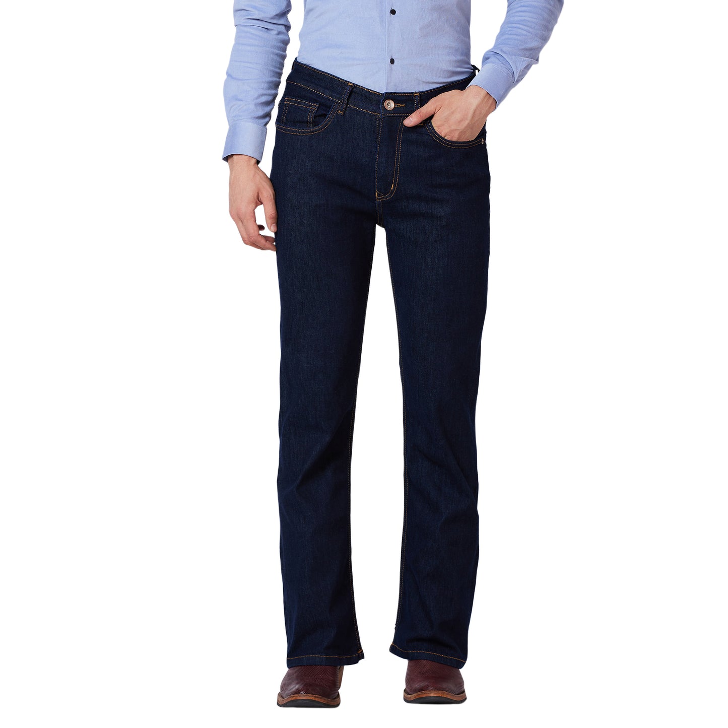 Boot-cut Denim Jeans With Rust Stitch.
