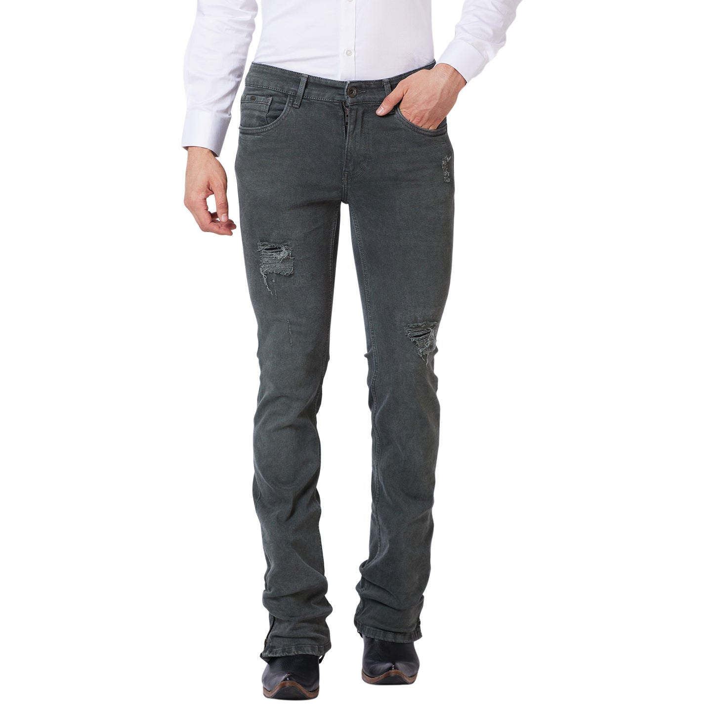 Olive Green Distress Slim Fit Low Rise Boot-cut Denim Jeans