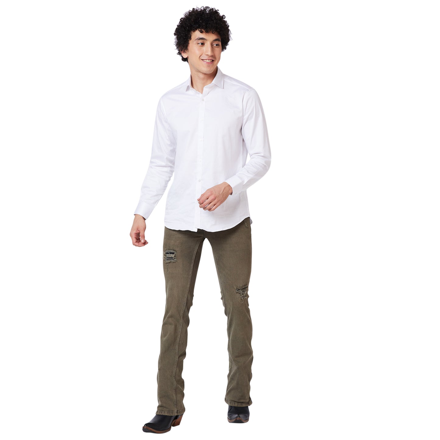 Khaki Distress Bootcut Denim Jeans With Zipper Bottom