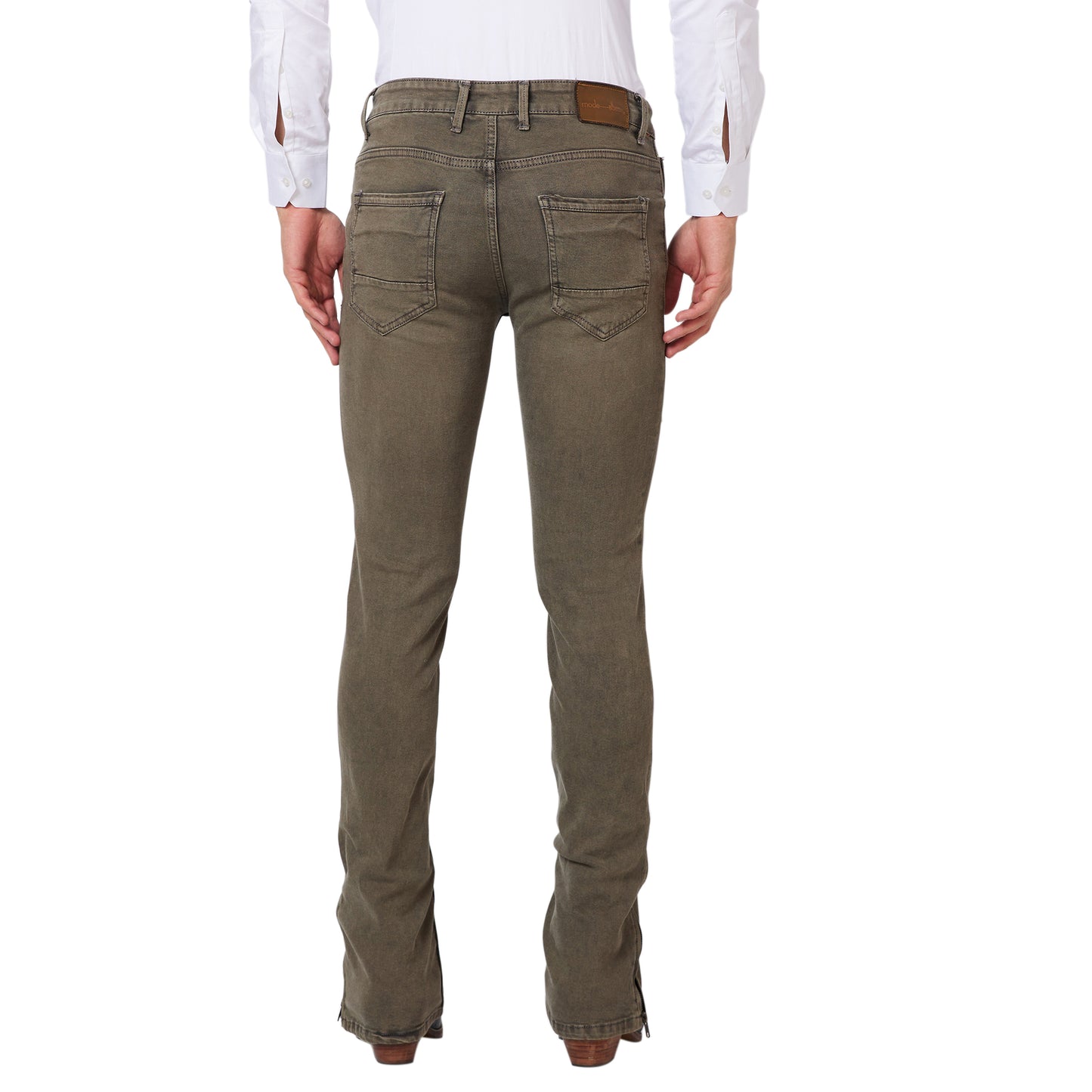 Khaki Distress Bootcut Denim Jeans With Zipper Bottom