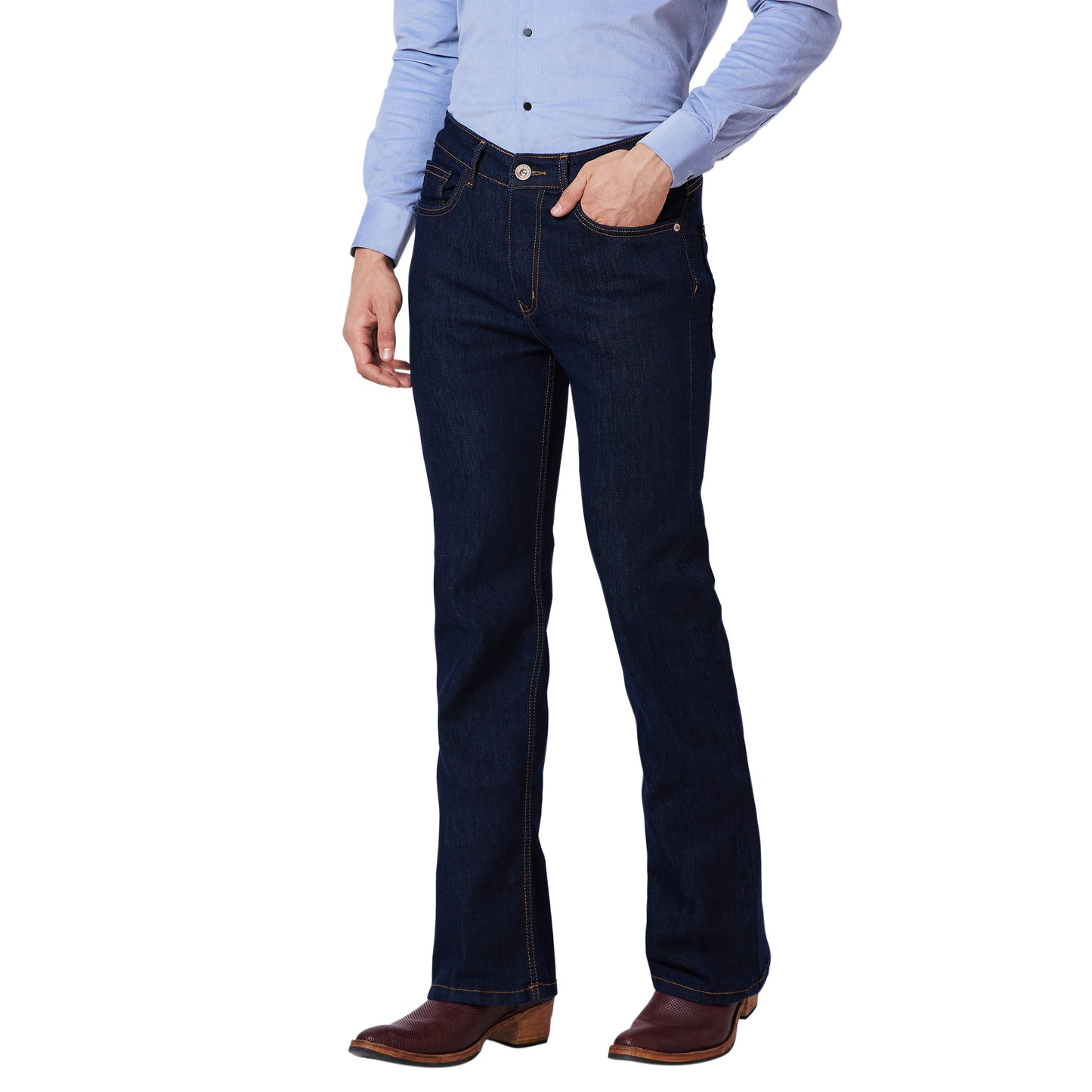 Boot-cut Denim Jeans With Rust Stitch.