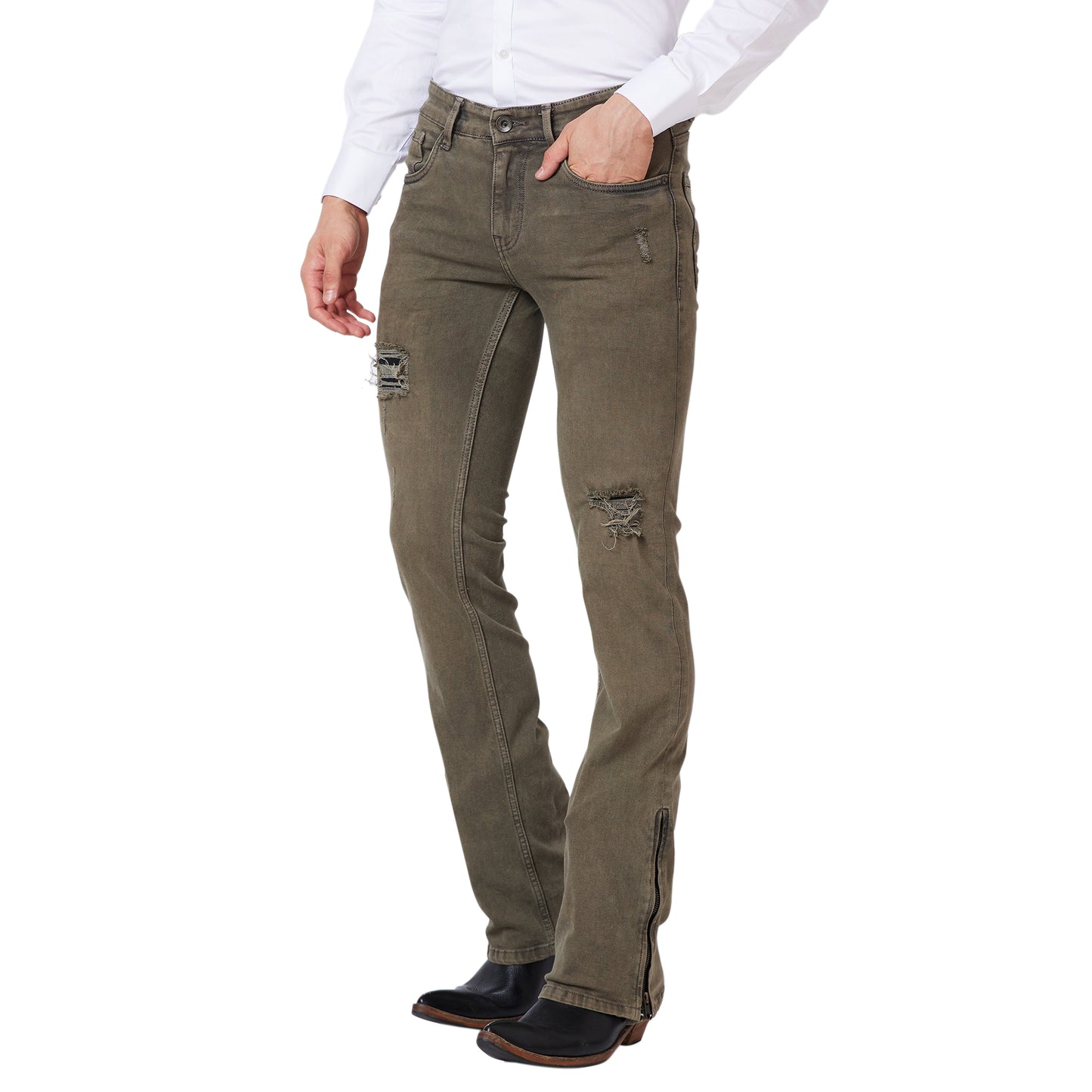 Khaki Distress Bootcut Denim Jeans With Zipper Bottom