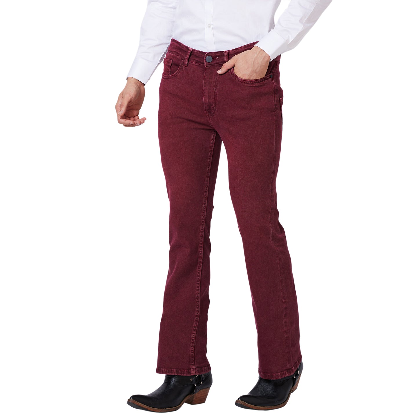 Solid Boot-cut Denim Jeans With Tangled Back Pocket