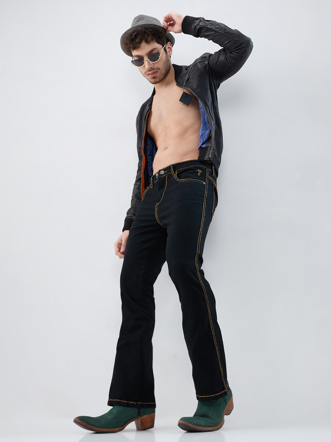 Men’s Jet Black Bootcut Stretch Denim Jeans – Mustard Stitching & Flap Pocket Accents