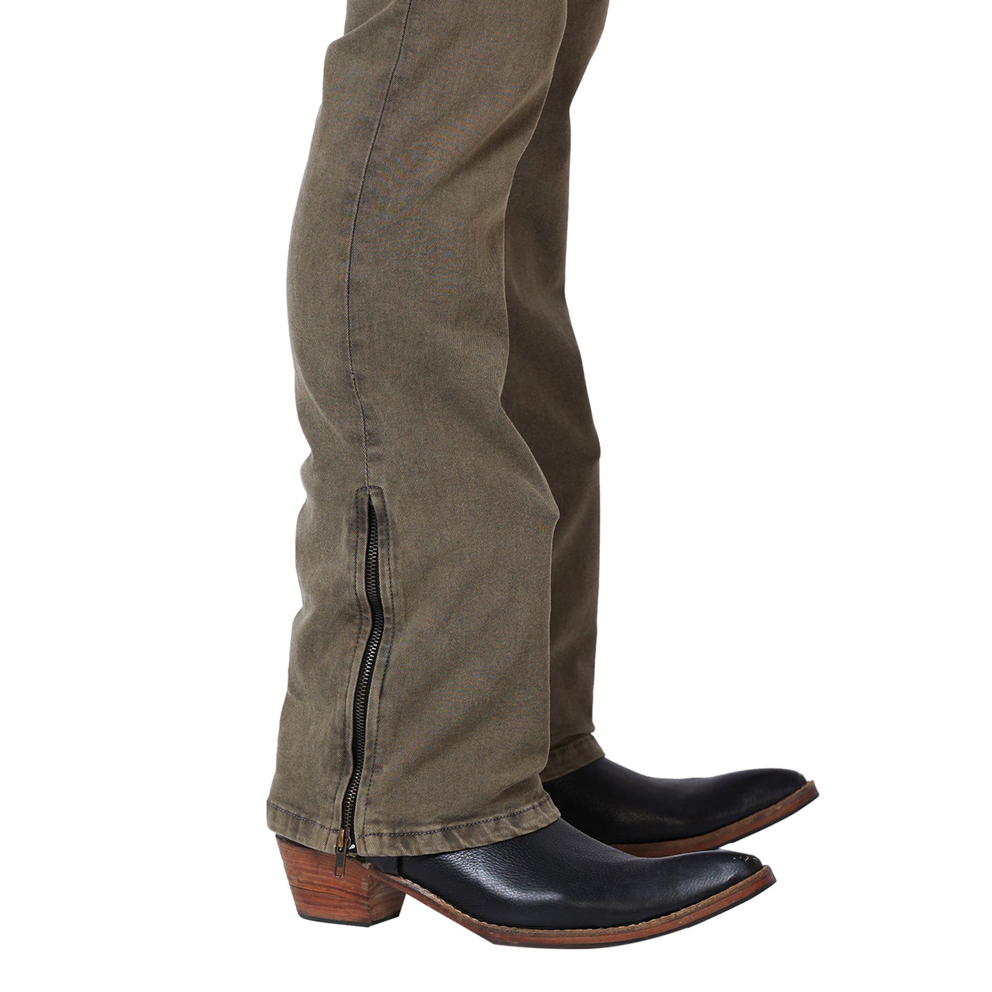 Khaki Distress Bootcut Denim Jeans With Zipper Bottom