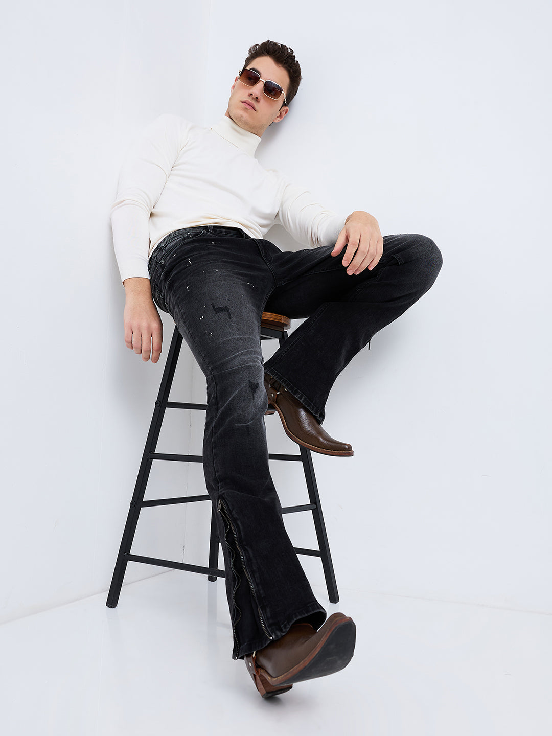 Men's Carbon Black Distress Bootcut jeans With Paint splatter and Zipper Bottom