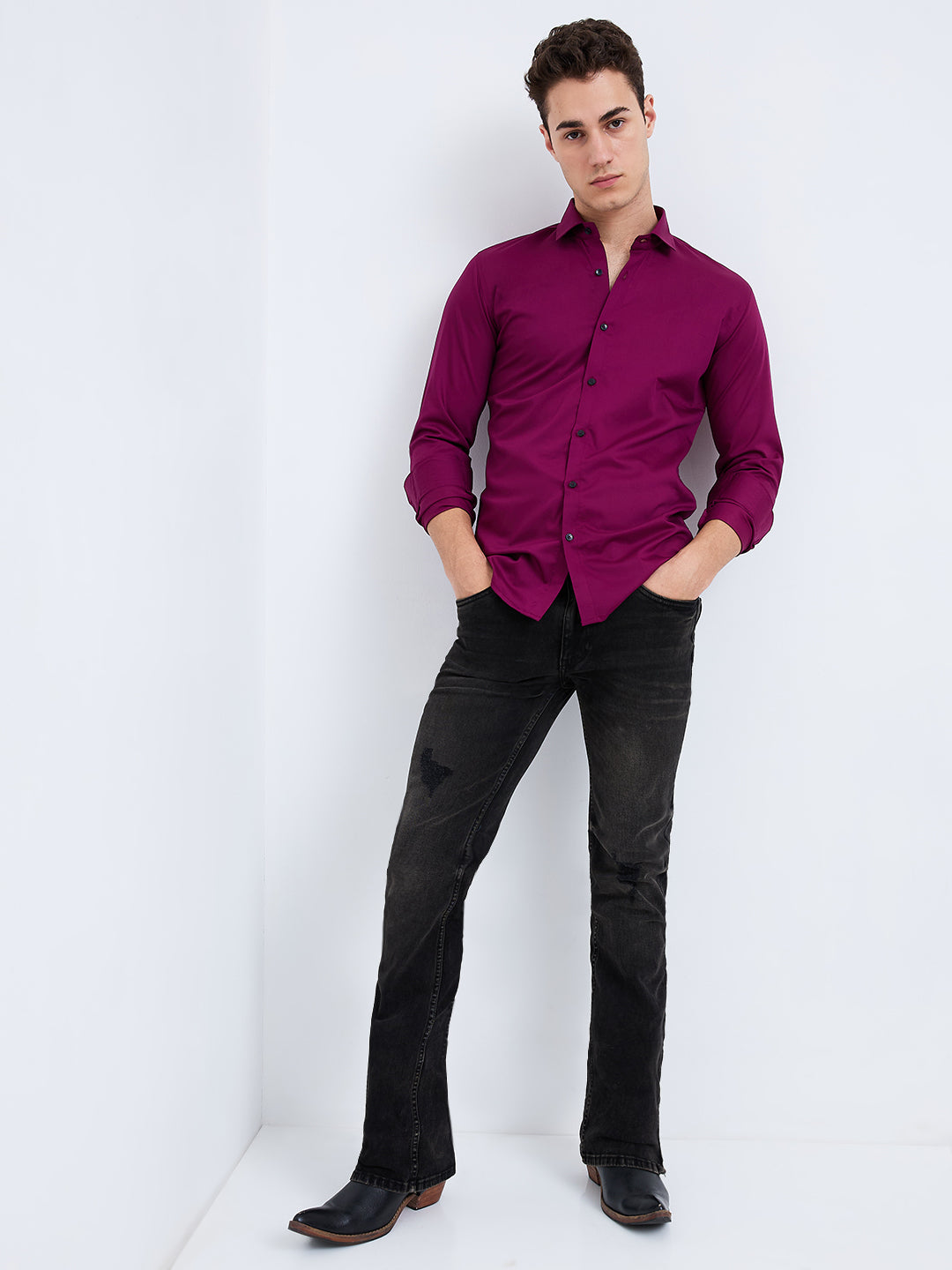 Men's Carbon Black Distress Bootcut Jeans With Zipper Bottom