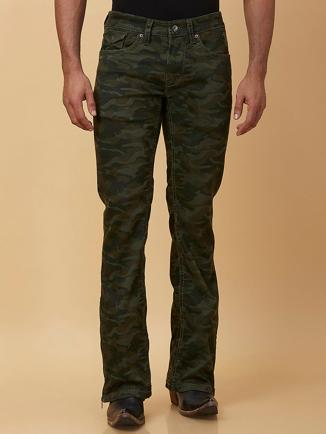 Dark Green Camouflage Boot-cut Jeans Zipper Bottom