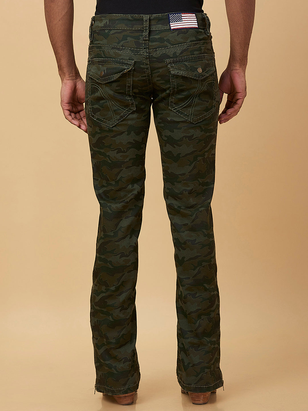 Dark Green Camouflage Boot-cut Jeans Zipper Bottom
