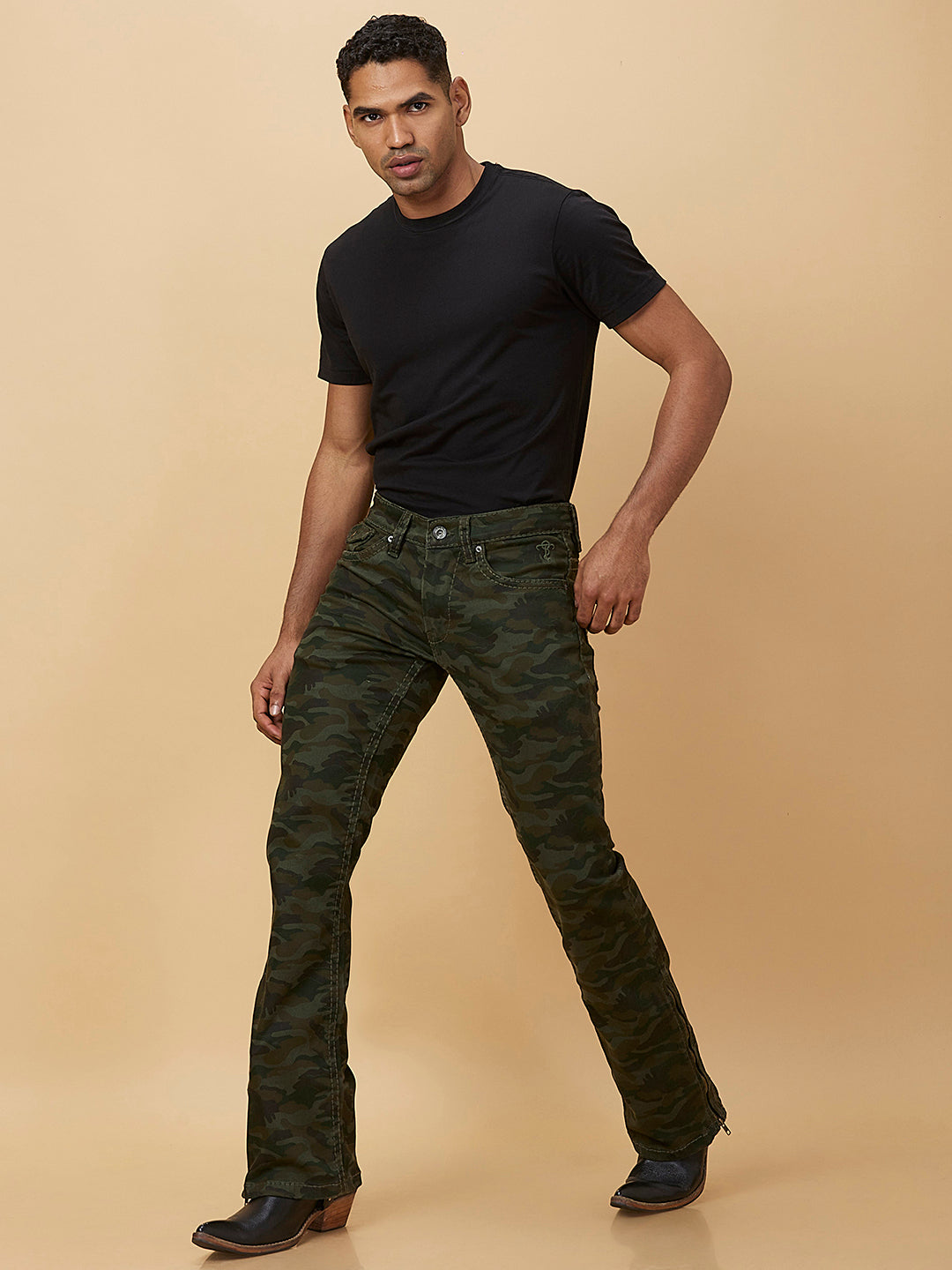 Dark Green Camouflage Boot-cut Jeans Zipper Bottom