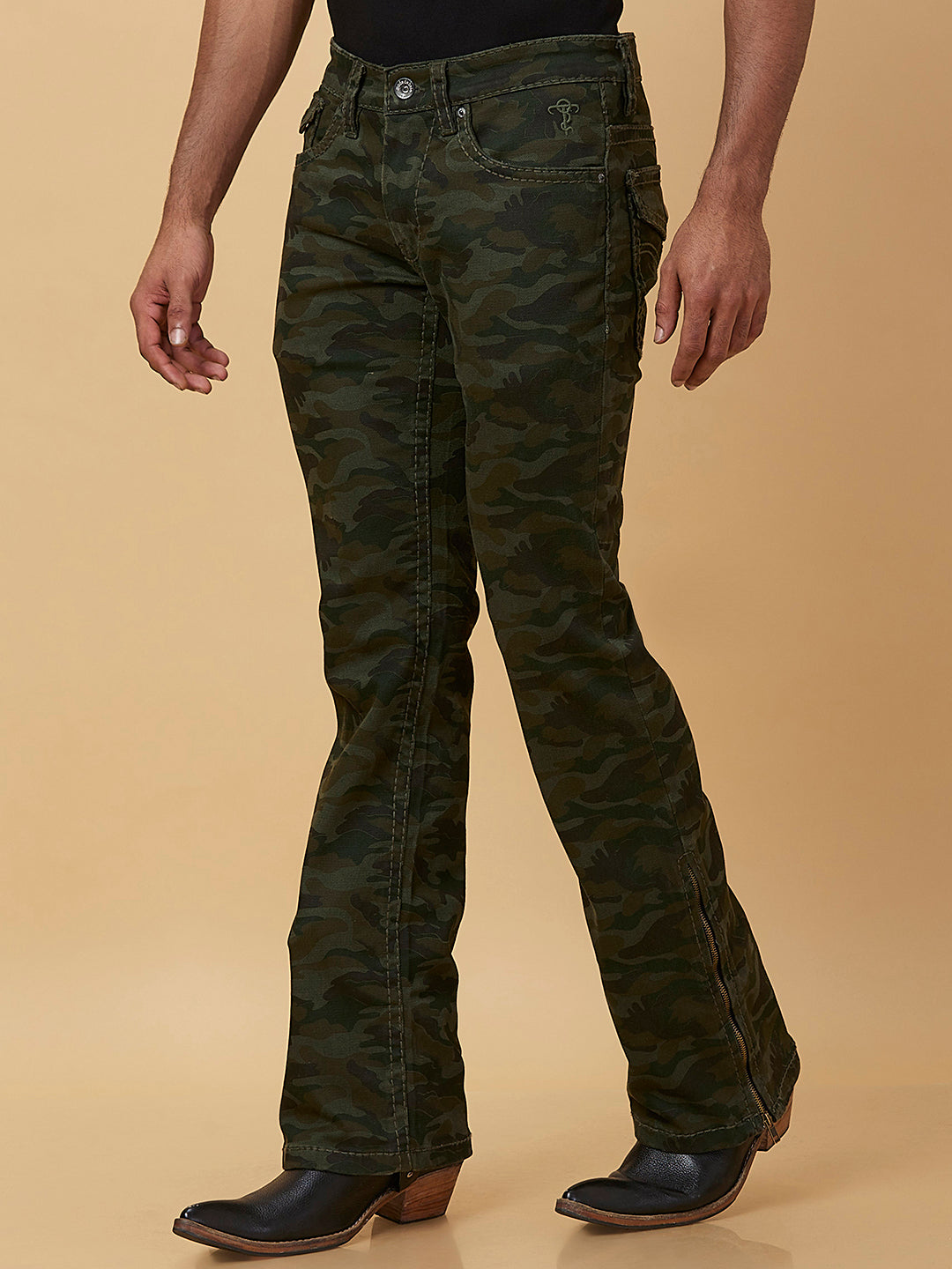 Dark Green Camouflage Boot-cut Jeans Zipper Bottom