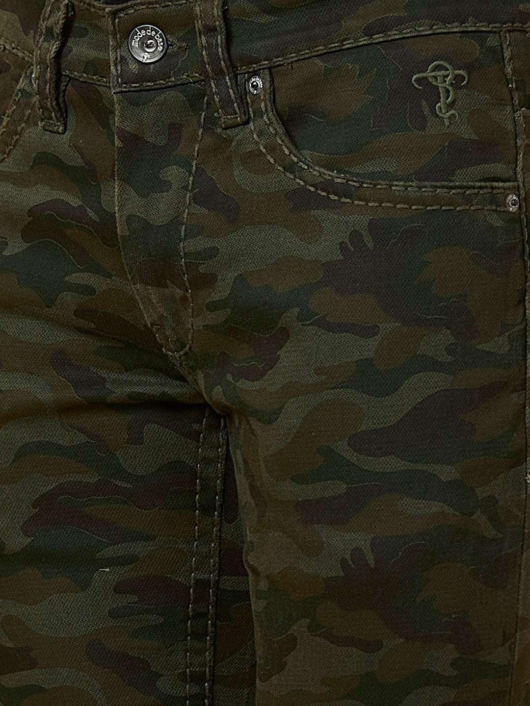 Dark Green Camouflage Boot-cut Jeans Zipper Bottom