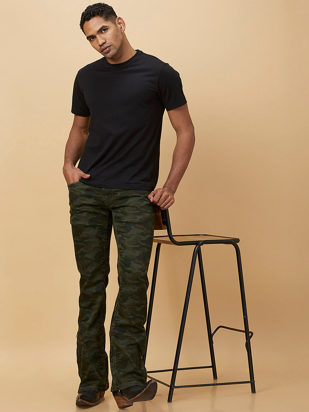 Dark Green Camouflage Boot-cut Jeans Zipper Bottom