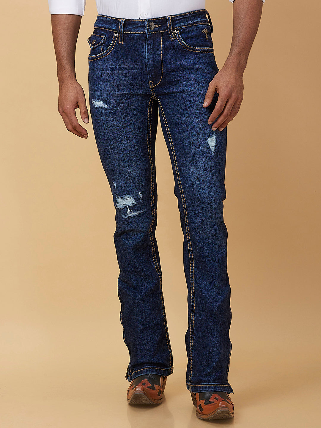 Distress Indigo Blue Boot-cut Jeans