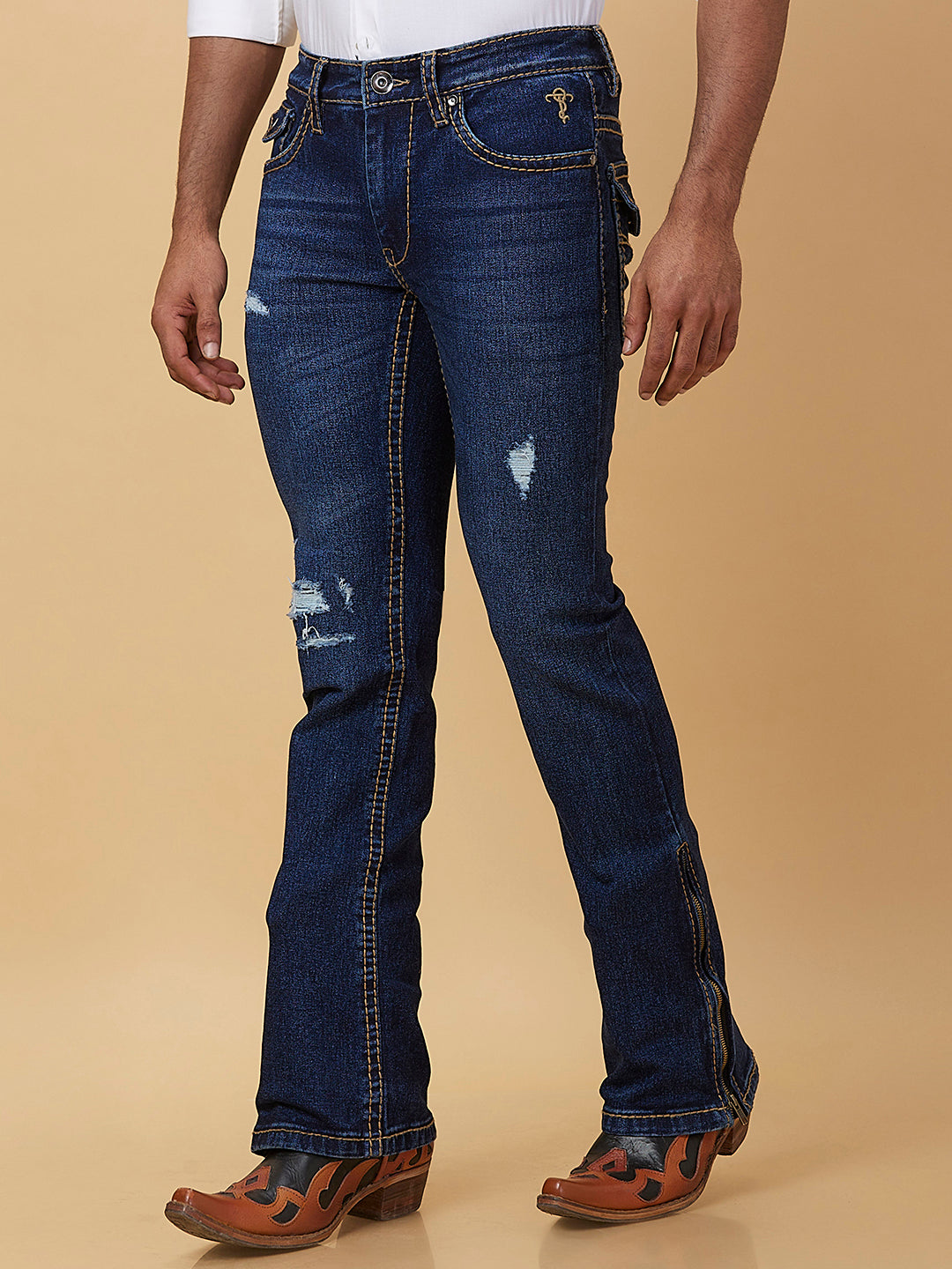 Distress Indigo Blue Boot-cut Jeans