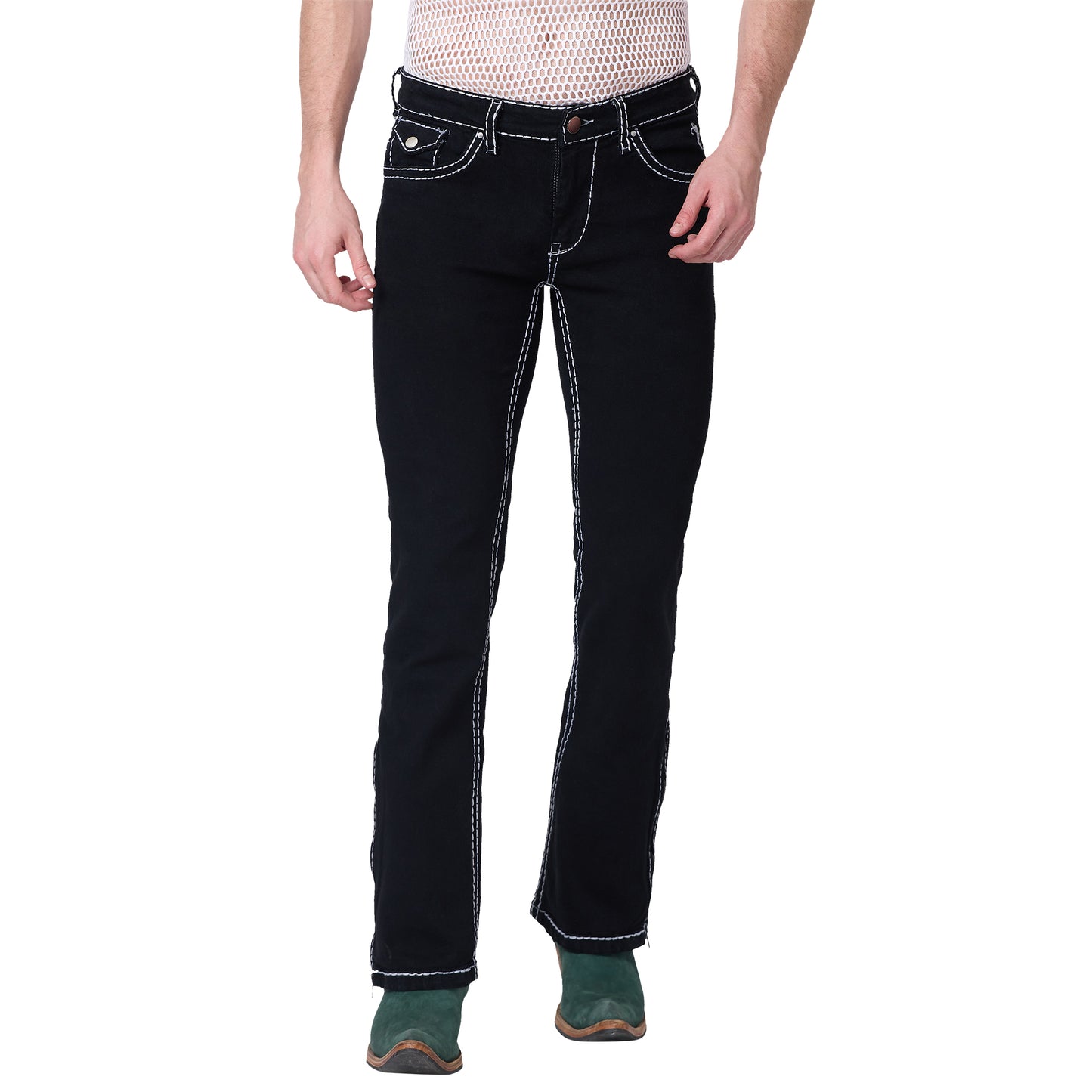 Mens Black Bootcut Slim Fit Jeans Strechable With White Saddle Stitch