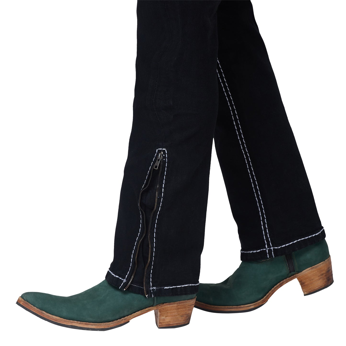 Mens Black Bootcut Slim Fit Jeans Strechable With White Saddle Stitch