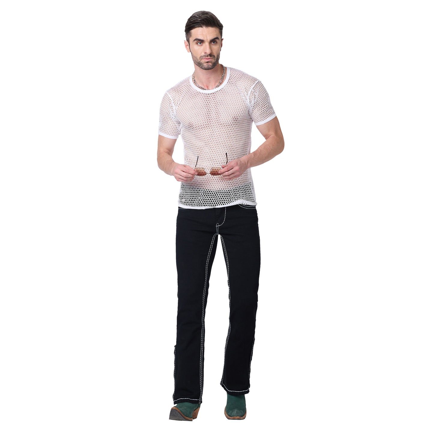 Mens Black Bootcut Slim Fit Jeans Strechable With White Saddle Stitch