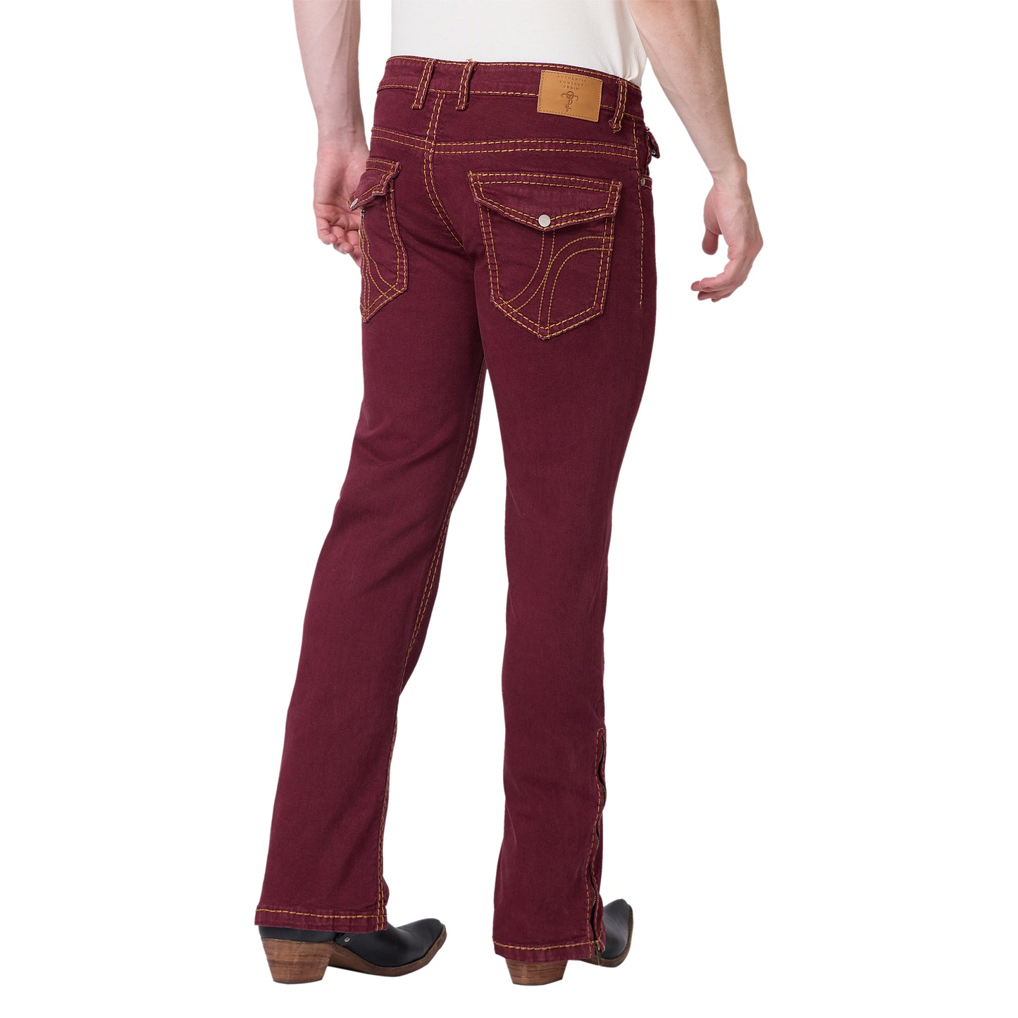 Mens Maroon Bootcut Slim Fit Jeans With Strechable Saddle Stitch