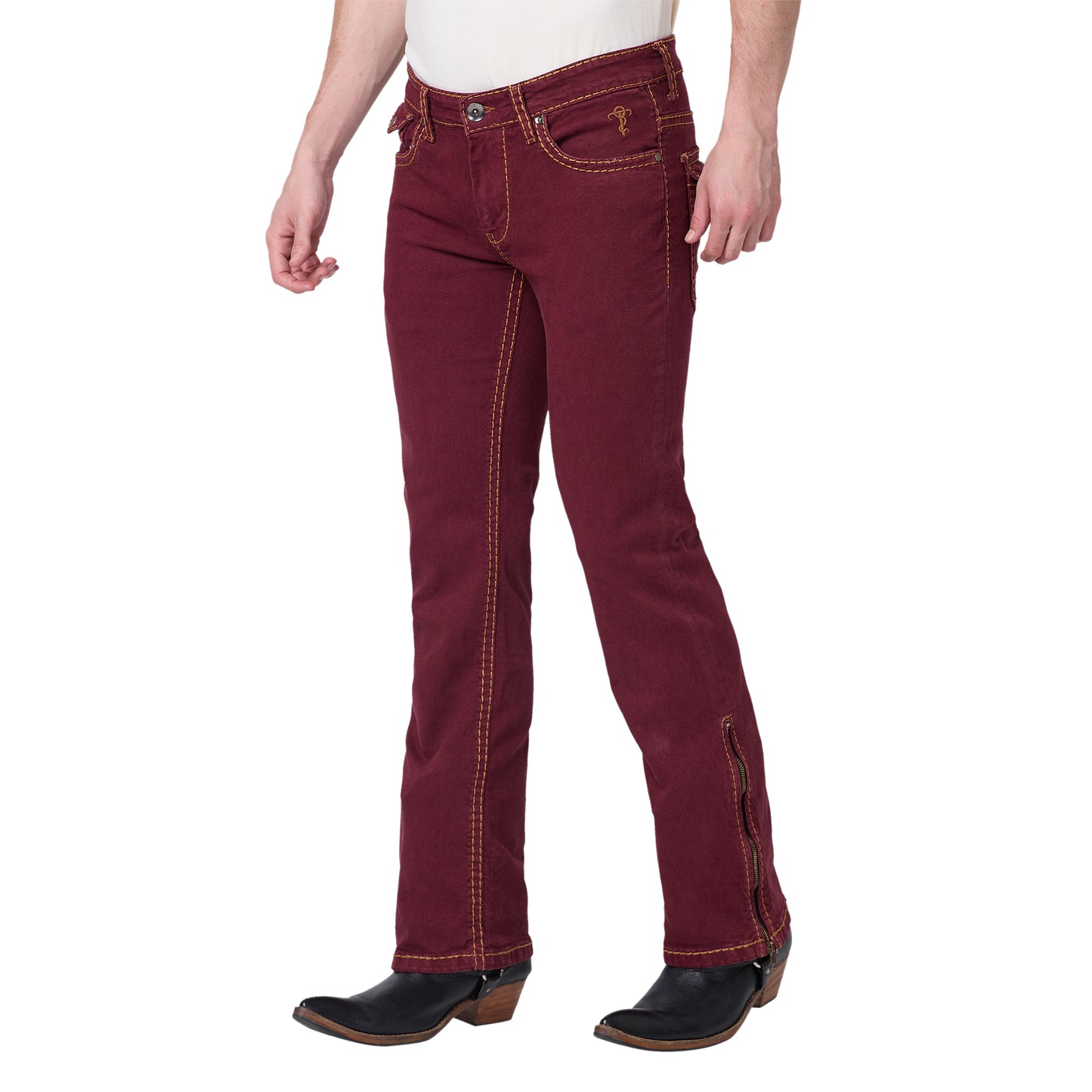 Mens Maroon Bootcut Slim Fit Jeans With Strechable Saddle Stitch
