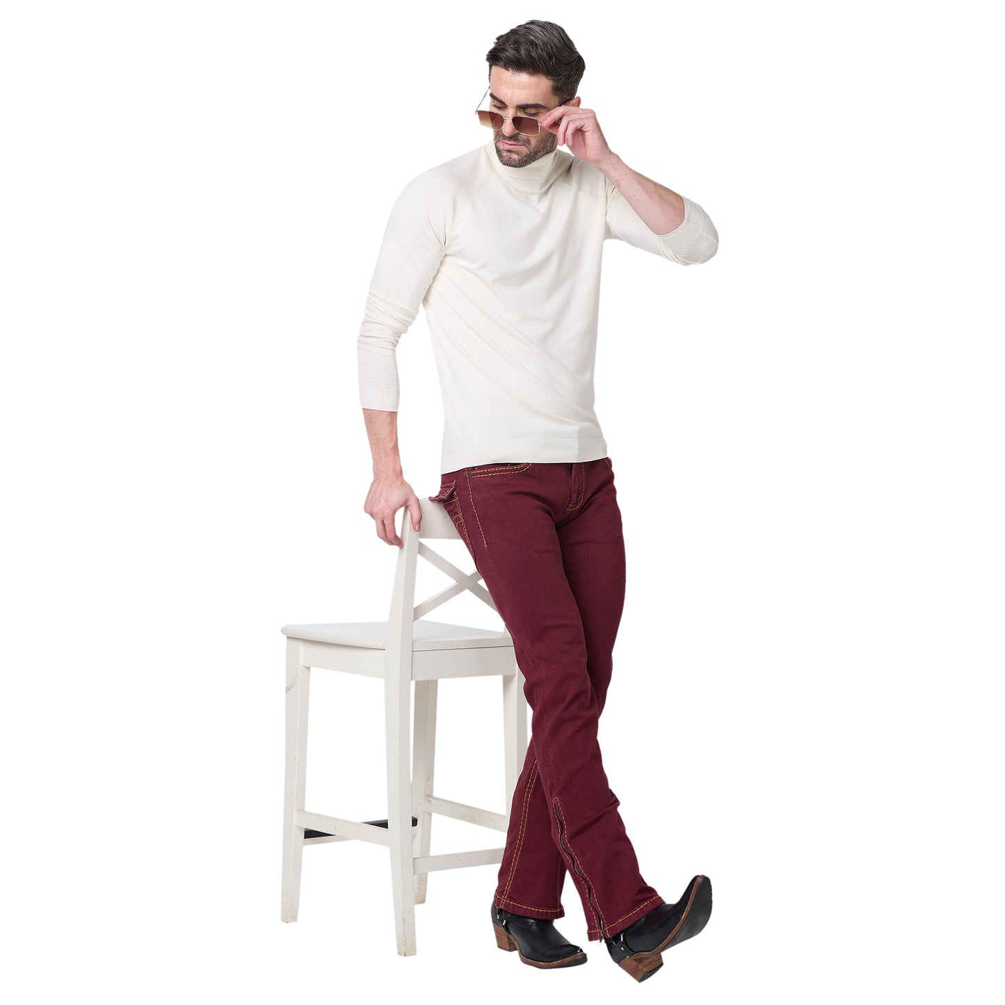 Mens Maroon Bootcut Slim Fit Jeans With Strechable Saddle Stitch
