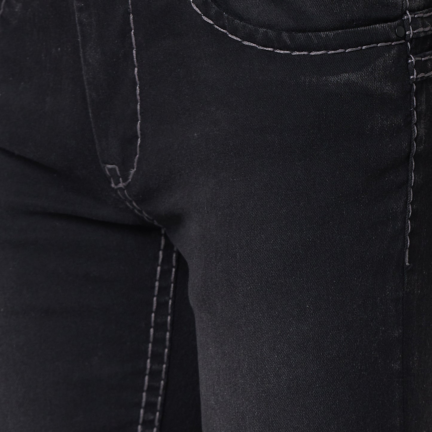 Mens Black Faded Bootcut Slim Fit Jeans With Strechable Saddle Stitch & Zipper Bottom.