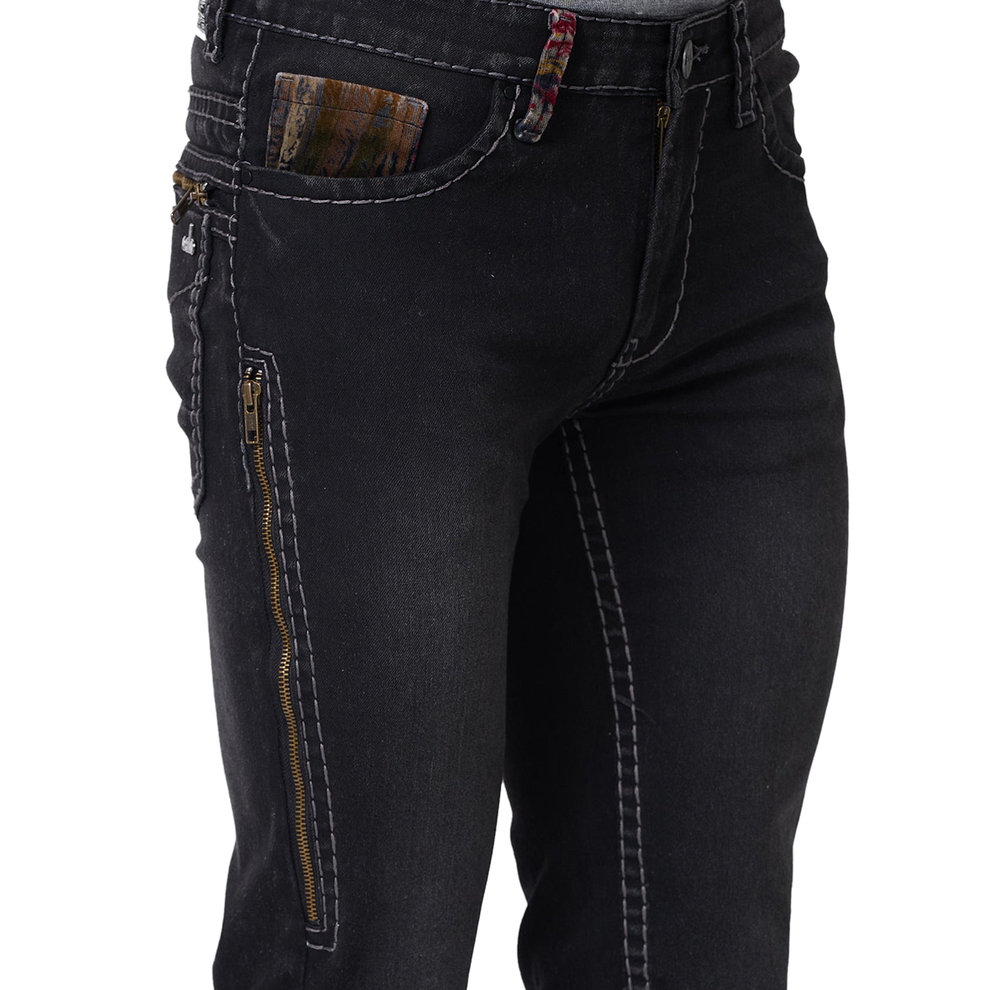 Mens Black Faded Bootcut Slim Fit Jeans With Strechable Saddle Stitch & Zipper Bottom.