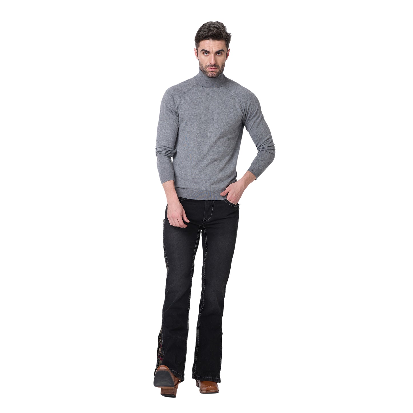 Mens Black Faded Bootcut Slim Fit Jeans With Strechable Saddle Stitch & Zipper Bottom.