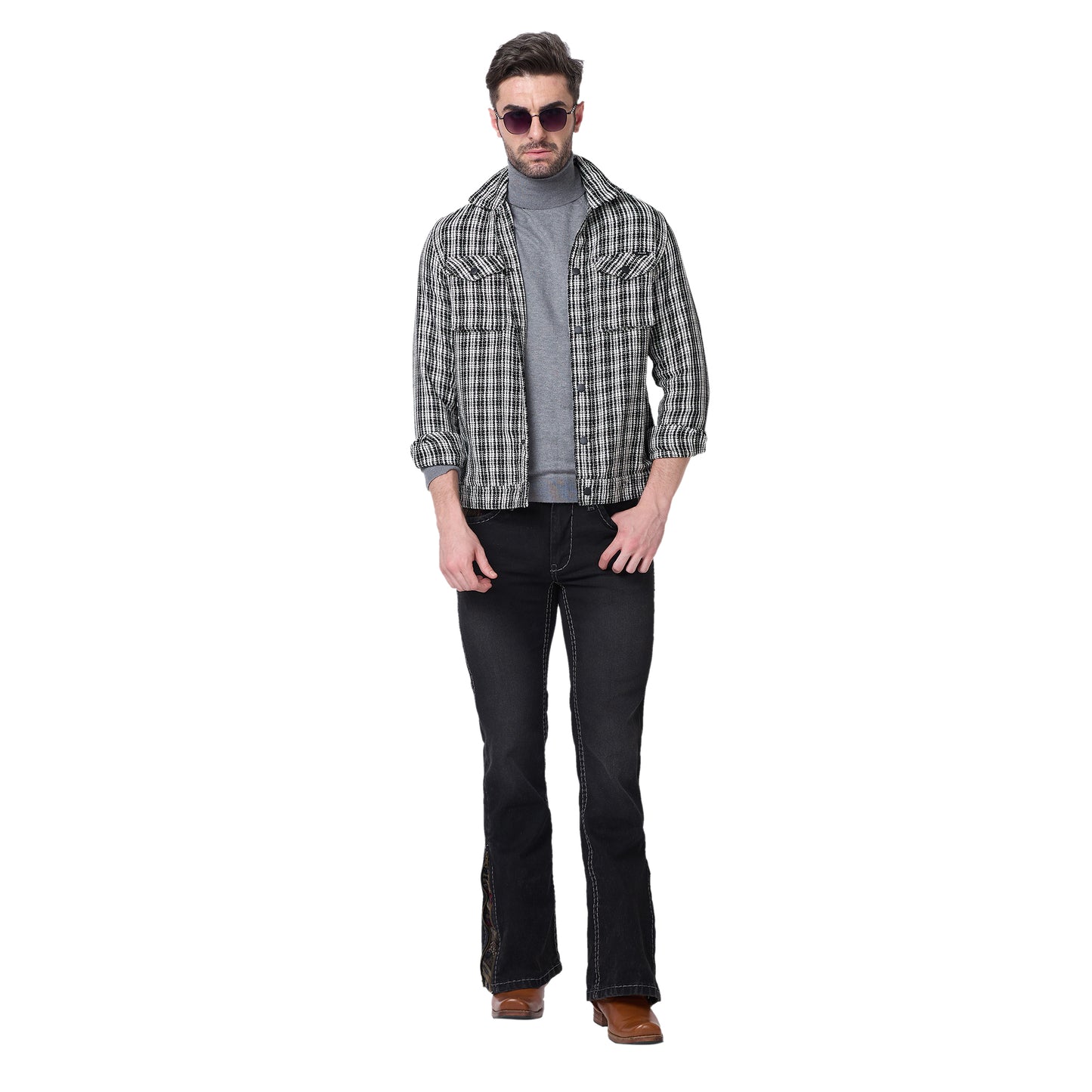 Mens Black Faded Bootcut Slim Fit Jeans With Strechable Saddle Stitch & Zipper Bottom.