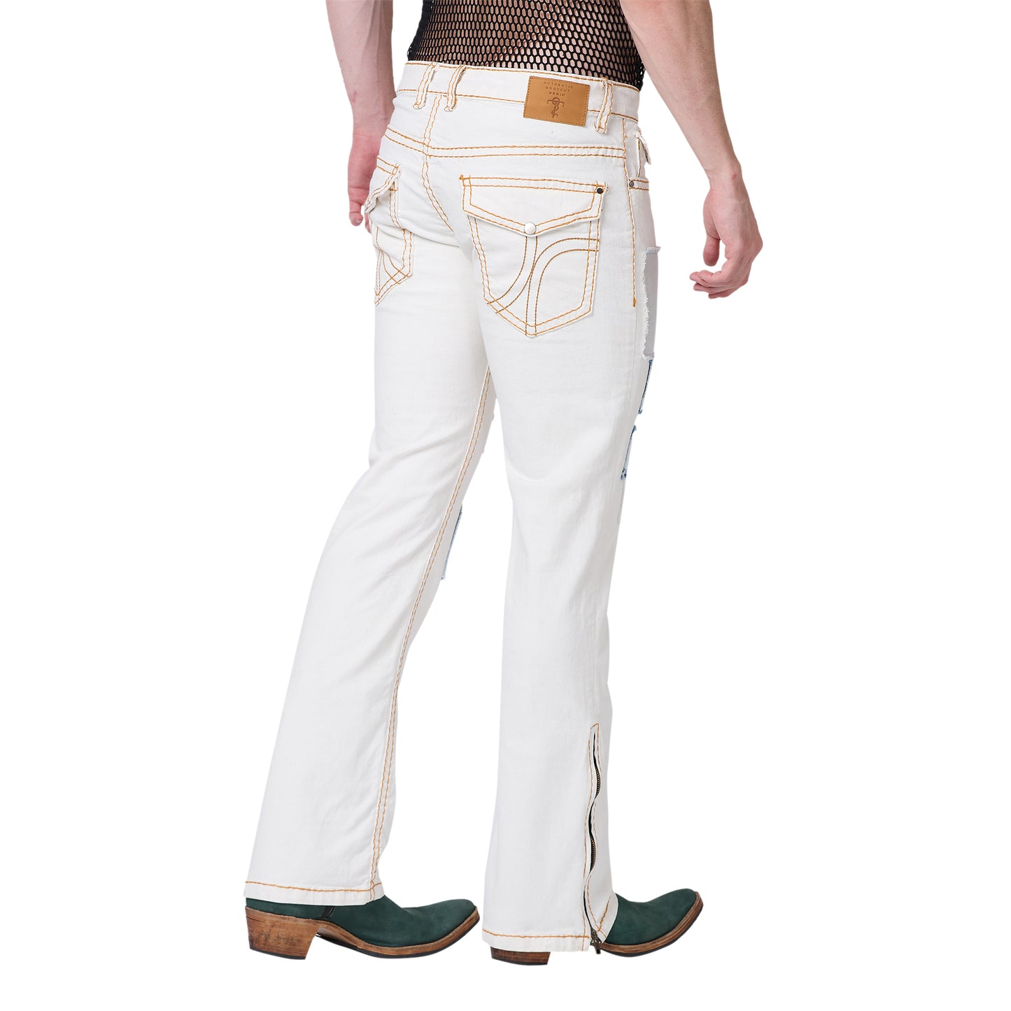 Mens White Boot-cut Slim Fit Jeans With Saddle Stitch Strechable, Bottom Zipper