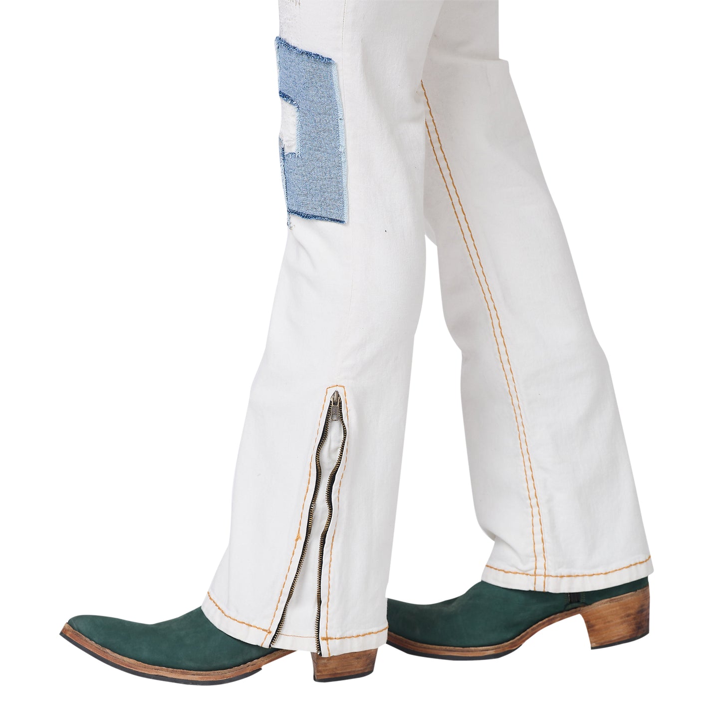 Mens White Boot-cut Slim Fit Jeans With Saddle Stitch Strechable, Bottom Zipper