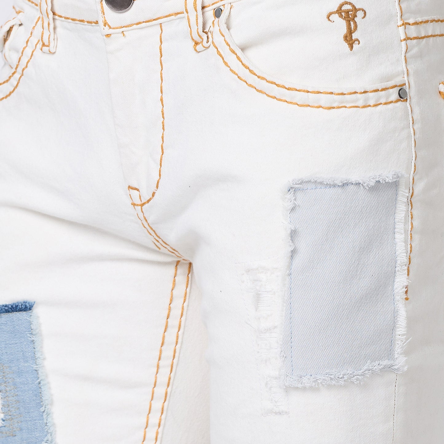 Mens White Boot-cut Slim Fit Jeans With Saddle Stitch Strechable, Bottom Zipper