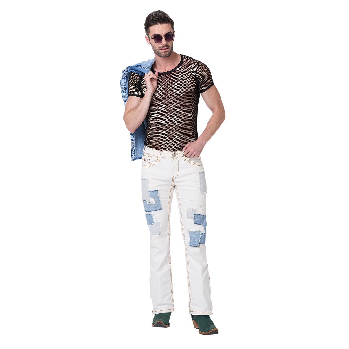 Mens White Boot-cut Slim Fit Jeans With Saddle Stitch Strechable, Bottom Zipper