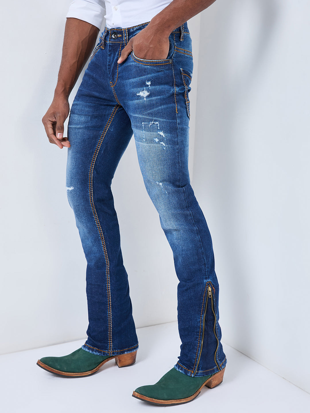 Dynamic Mid-Blue Zip-Convertible Bootcut to Slim Fit Jeans