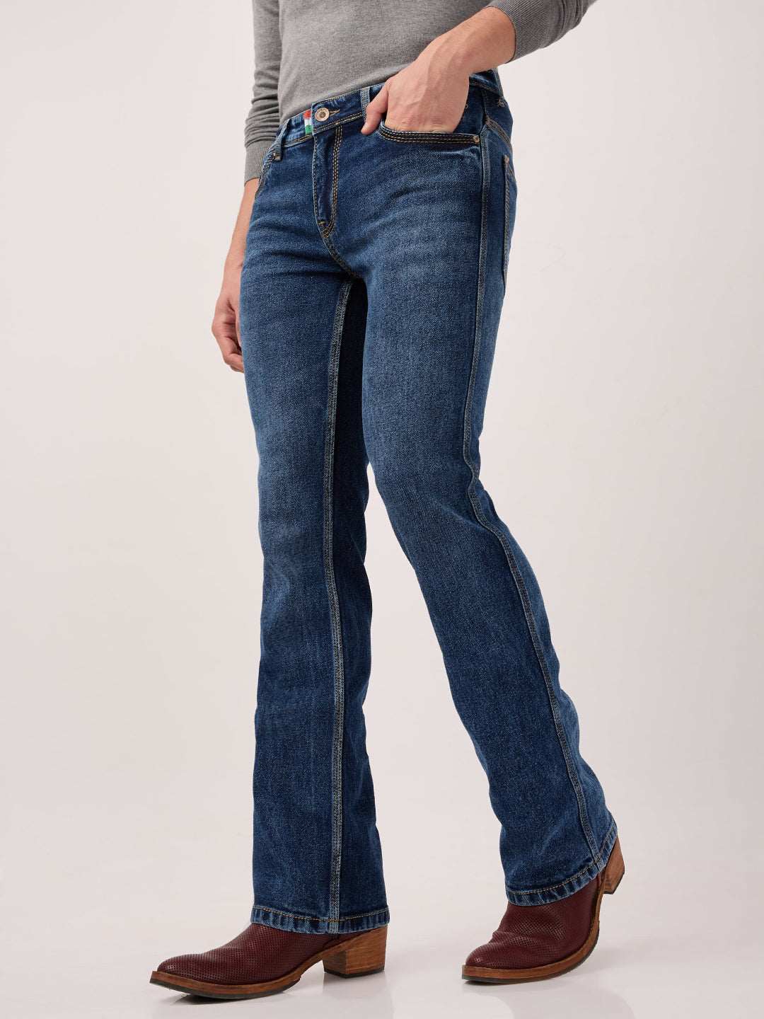 Men's Deep Indigo Bootcut Jeans – Low Rise, Contrast Stitch, Sculpt Fit