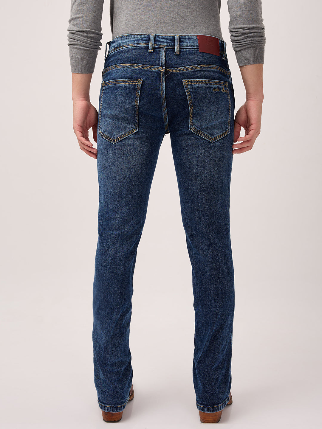 Men's Deep Indigo Bootcut Jeans – Low Rise, Contrast Stitch, Sculpt Fit