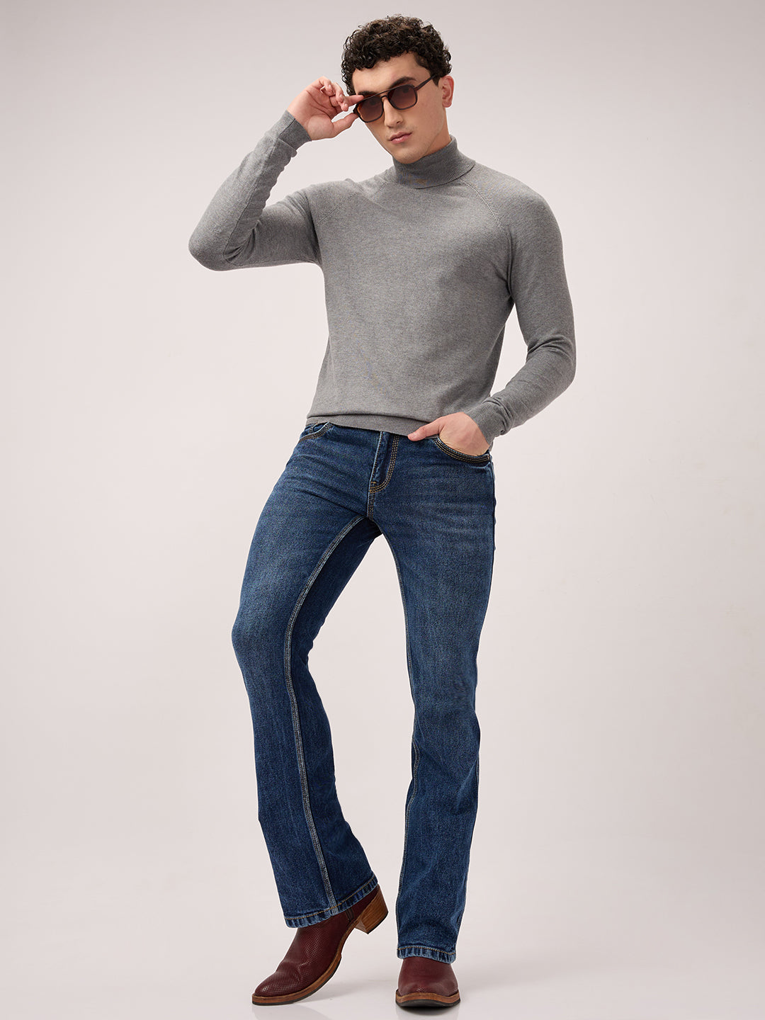 Men's Deep Indigo Bootcut Jeans – Low Rise, Contrast Stitch, Sculpt Fit