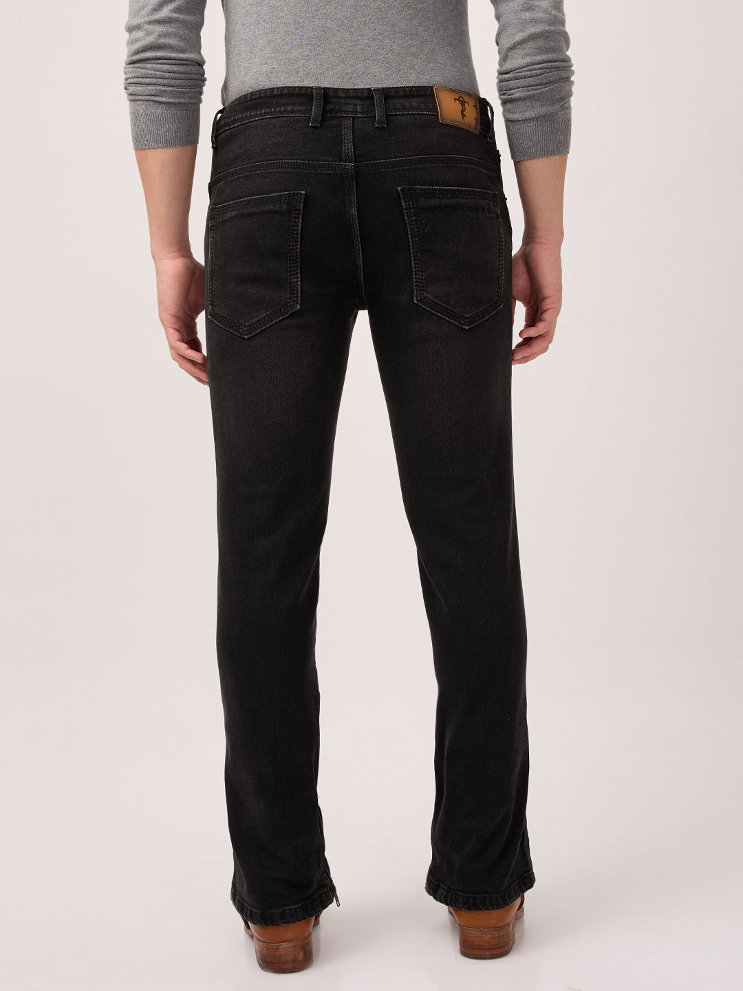 Men’s Bootcut Jeans – Low Rise, Washed Charcoal Black with Bottom Zipper Detail