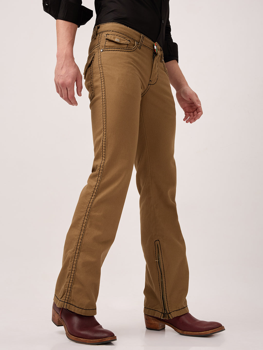 Men’s Low-Rise Bootcut Jeans – Heritage Denim in Burnt Caramel with Bottom Zipper