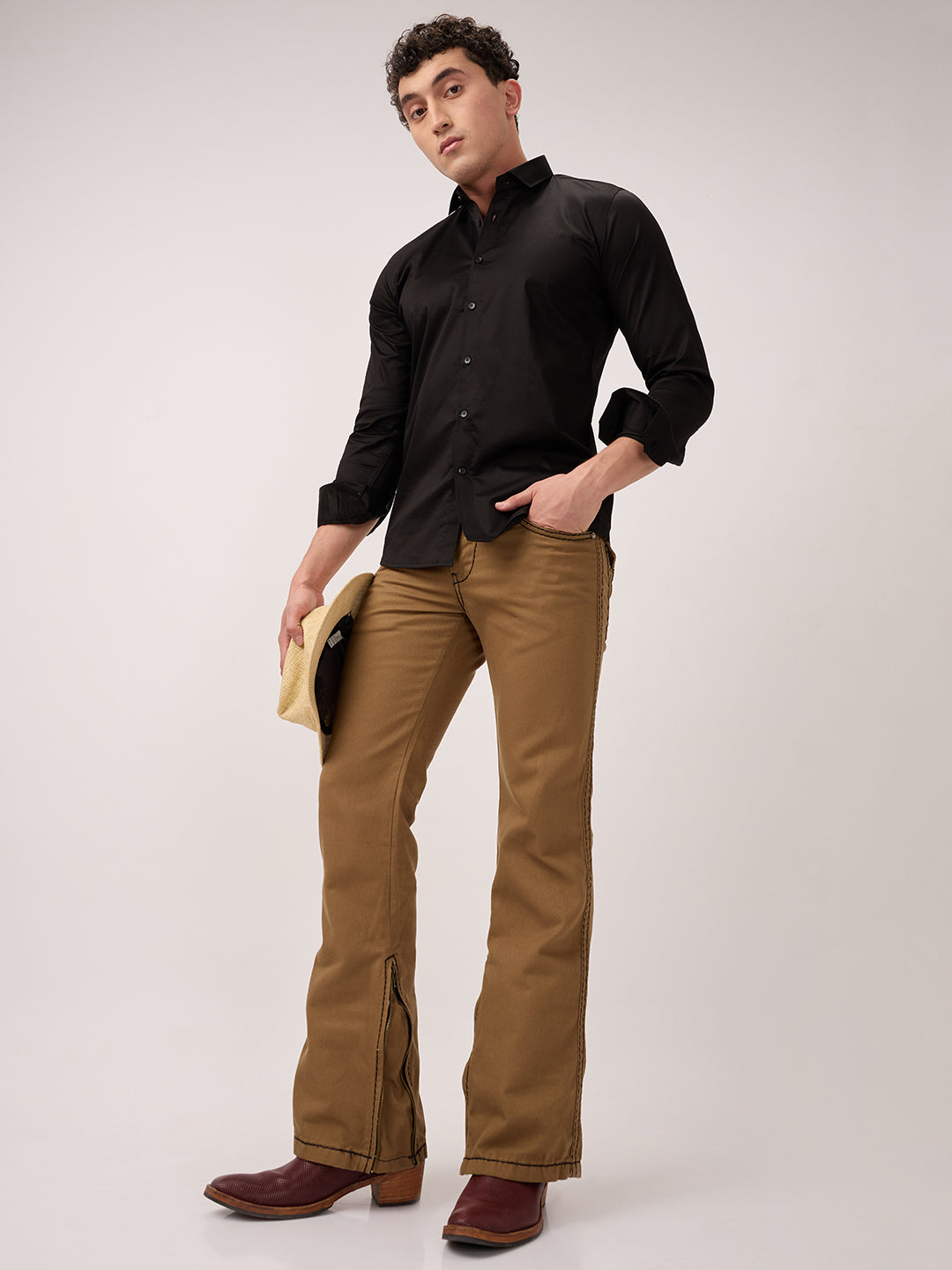 Men’s Low-Rise Bootcut Jeans – Heritage Denim in Burnt Caramel with Bottom Zipper