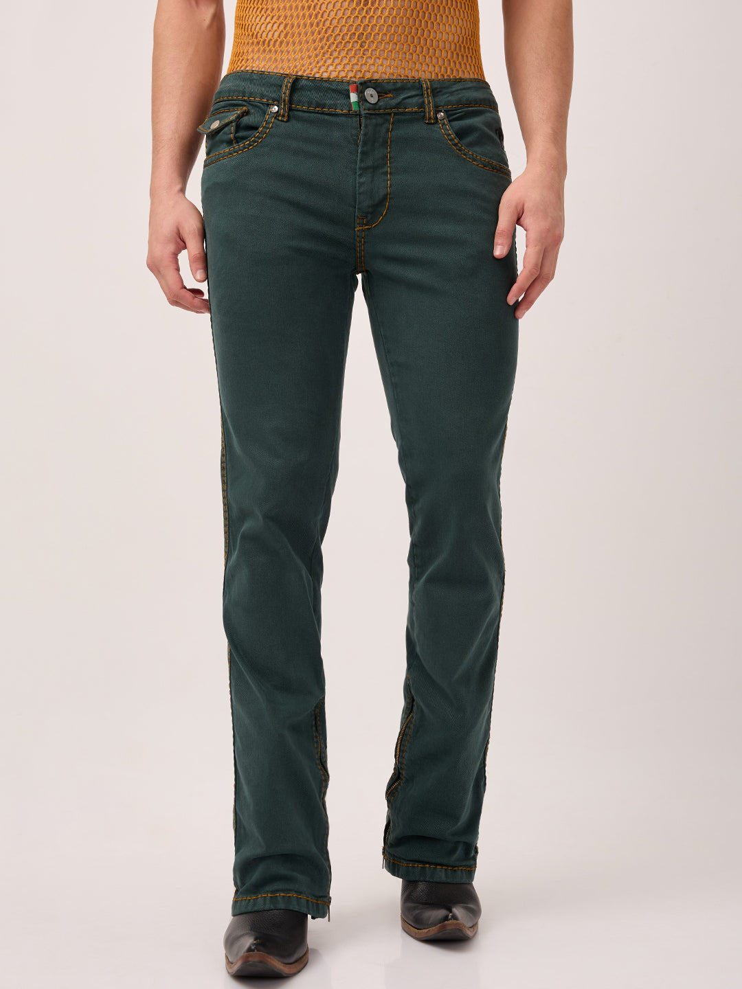 Men’s Deep Pine Bootcut Jeans with Zipper Bottom & Mustard Saddle Stitch