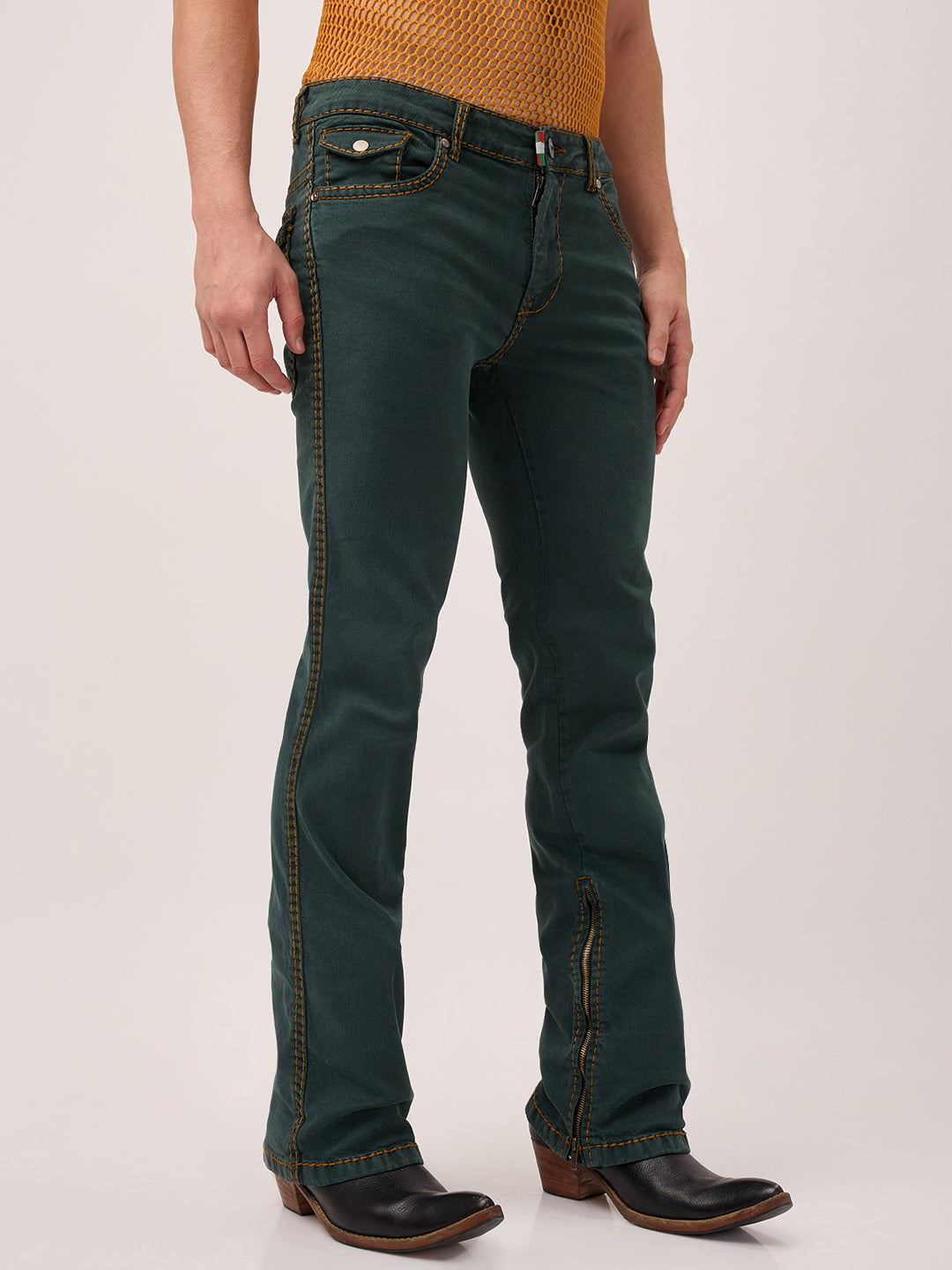 Men’s Deep Pine Bootcut Jeans with Zipper Bottom & Mustard Saddle Stitch