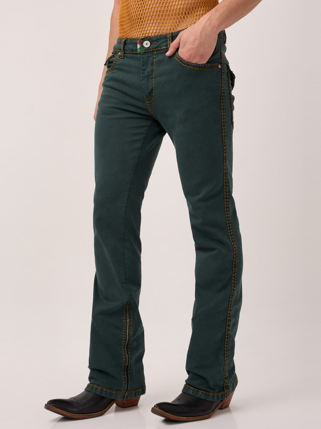 Men’s Deep Pine Bootcut Jeans with Zipper Bottom & Mustard Saddle Stitch