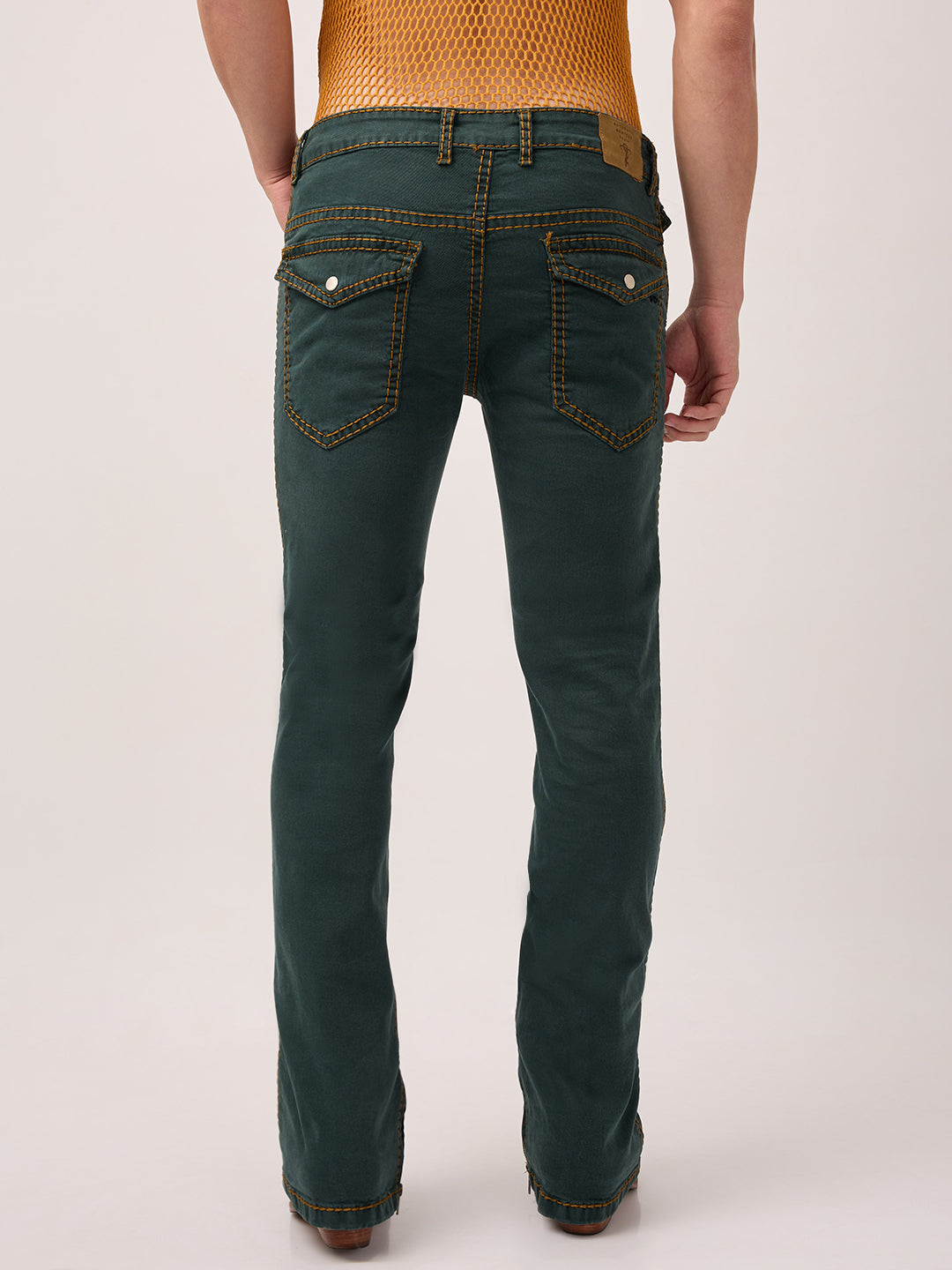Men’s Deep Pine Bootcut Jeans with Zipper Bottom & Mustard Saddle Stitch